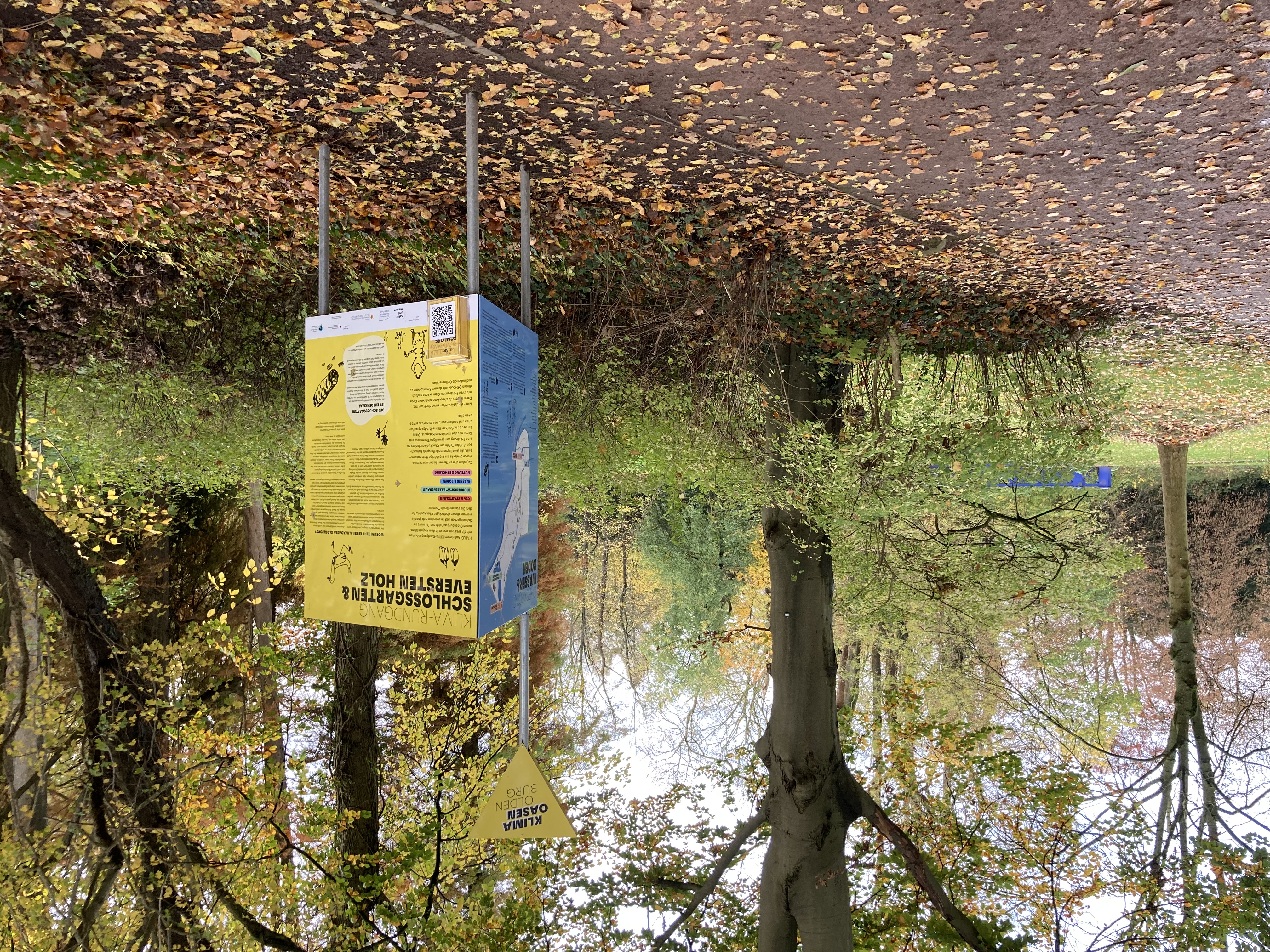 Bunte Checkpoint-Tafel des Klimarundgangs im Schlossgarten