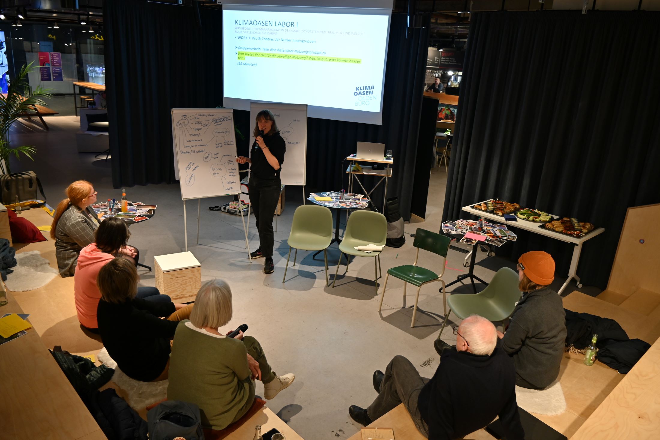 Gesprächsrunde mit Whiteboards und Präsentation aus einer Session des ersten Klimaoasen-Labors